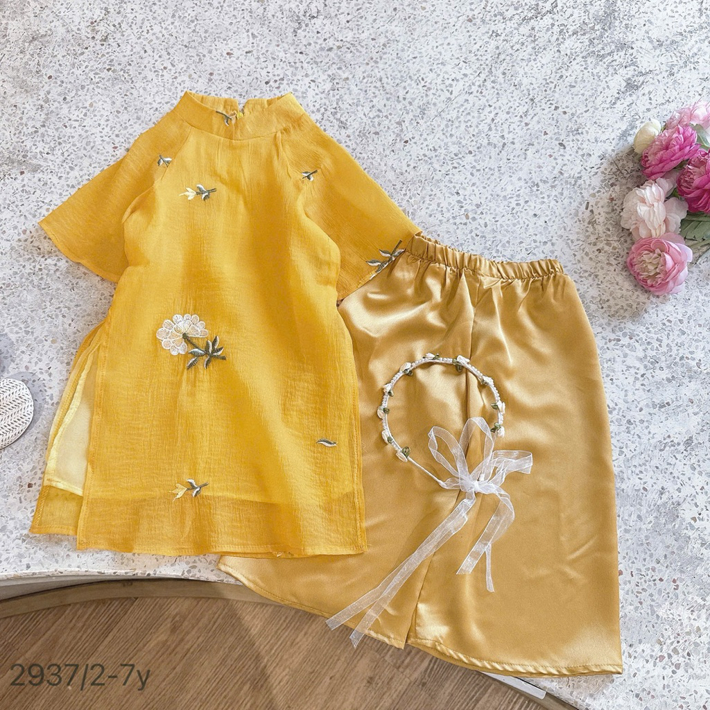 Set Áo Dài Bé Gái Tặng Bờm Cao Cấp Form Đẹp Mặc Tết Siêu Xinh Size 2-7Y (11-30kg) OP