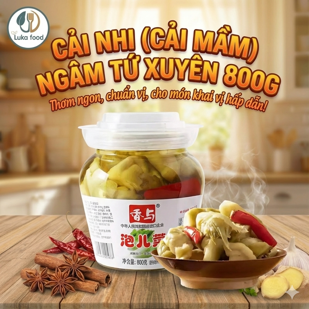 Cải Nhi (Cải Mầm) Ngâm Tứ Xuyên Hũ Lớn 800g - Vị Giòn Tan Chua Cay, Giòn Sần Sật, Chuẩn Nội Địa Luka Food