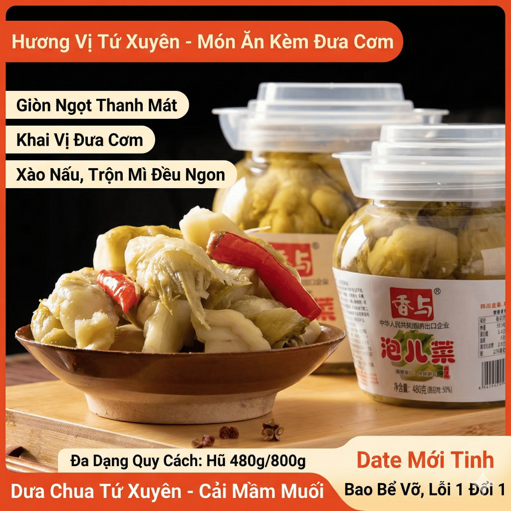 Cải Nhi (Cải Mầm) Ngâm Tứ Xuyên Hũ Lớn 800g - Vị Giòn Tan Chua Cay, Giòn Sần Sật, Chuẩn Nội Địa Luka Food