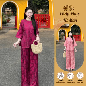 Pháp phục đi chùa cổ đá gấm tằm thủy tiên Bộ đồ lam đi chùa tay lỡ đính cúc bọc lụa gấm thanh lịch-HDA