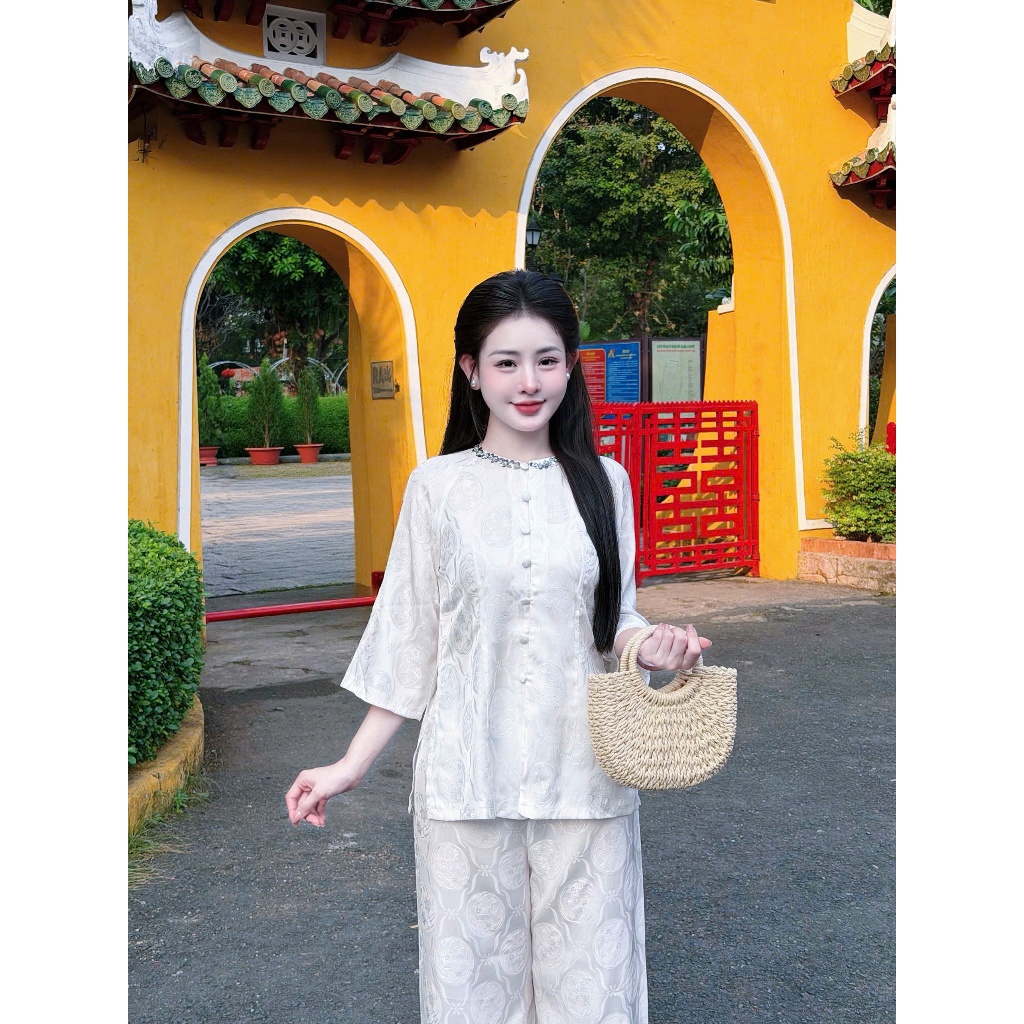 Pháp phục đi chùa cổ đá gấm tằm thủy tiên Bộ đồ lam đi chùa tay lỡ đính cúc bọc lụa gấm thanh lịch-HDA