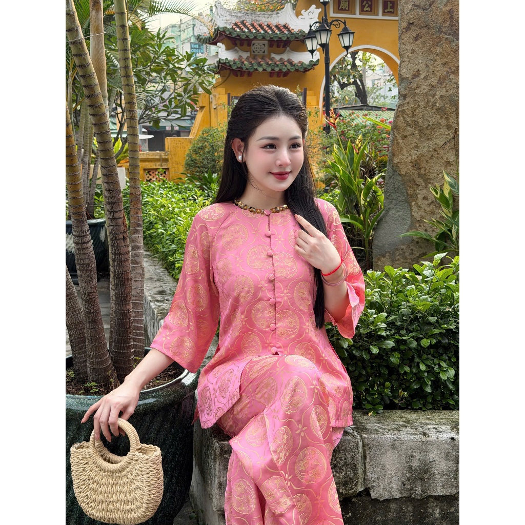 Pháp phục đi chùa cổ đá gấm tằm thủy tiên Bộ đồ lam đi chùa tay lỡ đính cúc bọc lụa gấm thanh lịch-HDA