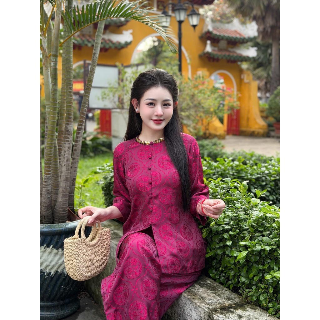 Pháp phục đi chùa cổ đá gấm tằm thủy tiên Bộ đồ lam đi chùa tay lỡ đính cúc bọc lụa gấm thanh lịch-HDA