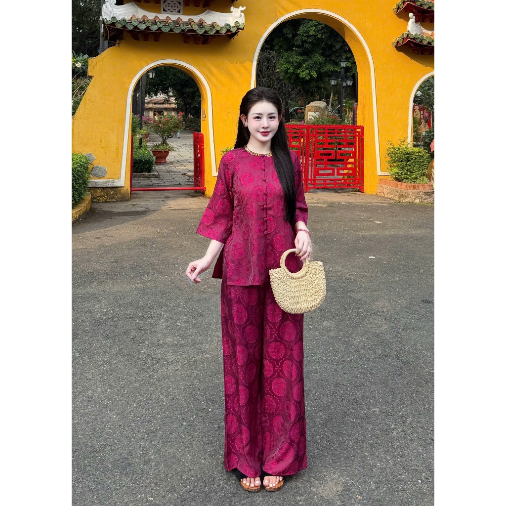 Pháp phục đi chùa cổ đá gấm tằm thủy tiên Bộ đồ lam đi chùa tay lỡ đính cúc bọc lụa gấm thanh lịch-HDA