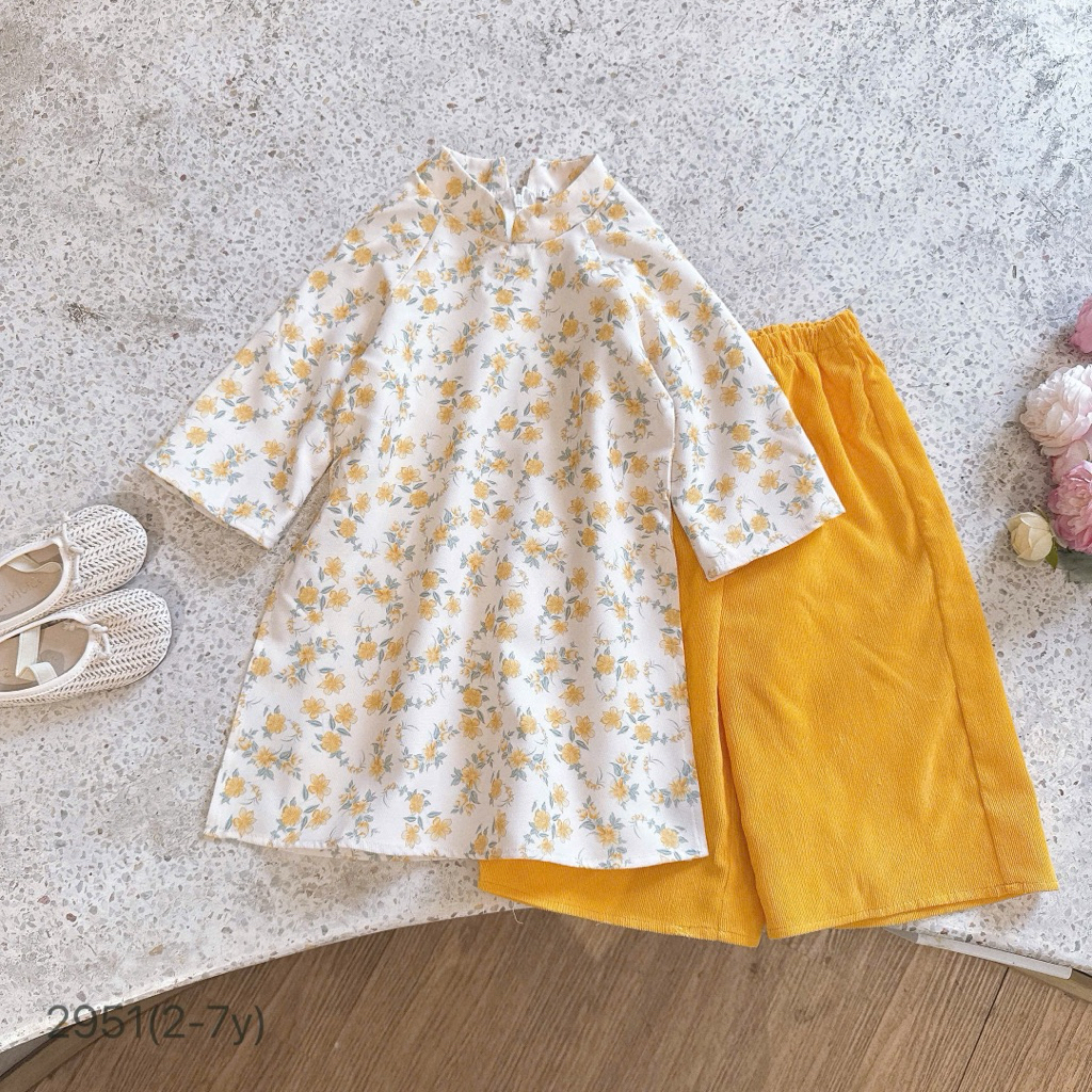 Set áo dài nhung hoa nhí bé gái cao cấp OP size 2-7y (11-30kg) mềm mịn sang xinh