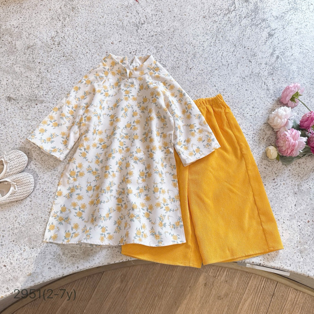 Set áo dài nhung hoa nhí bé gái cao cấp OP size 2-7y (11-30kg) mềm mịn sang xinh