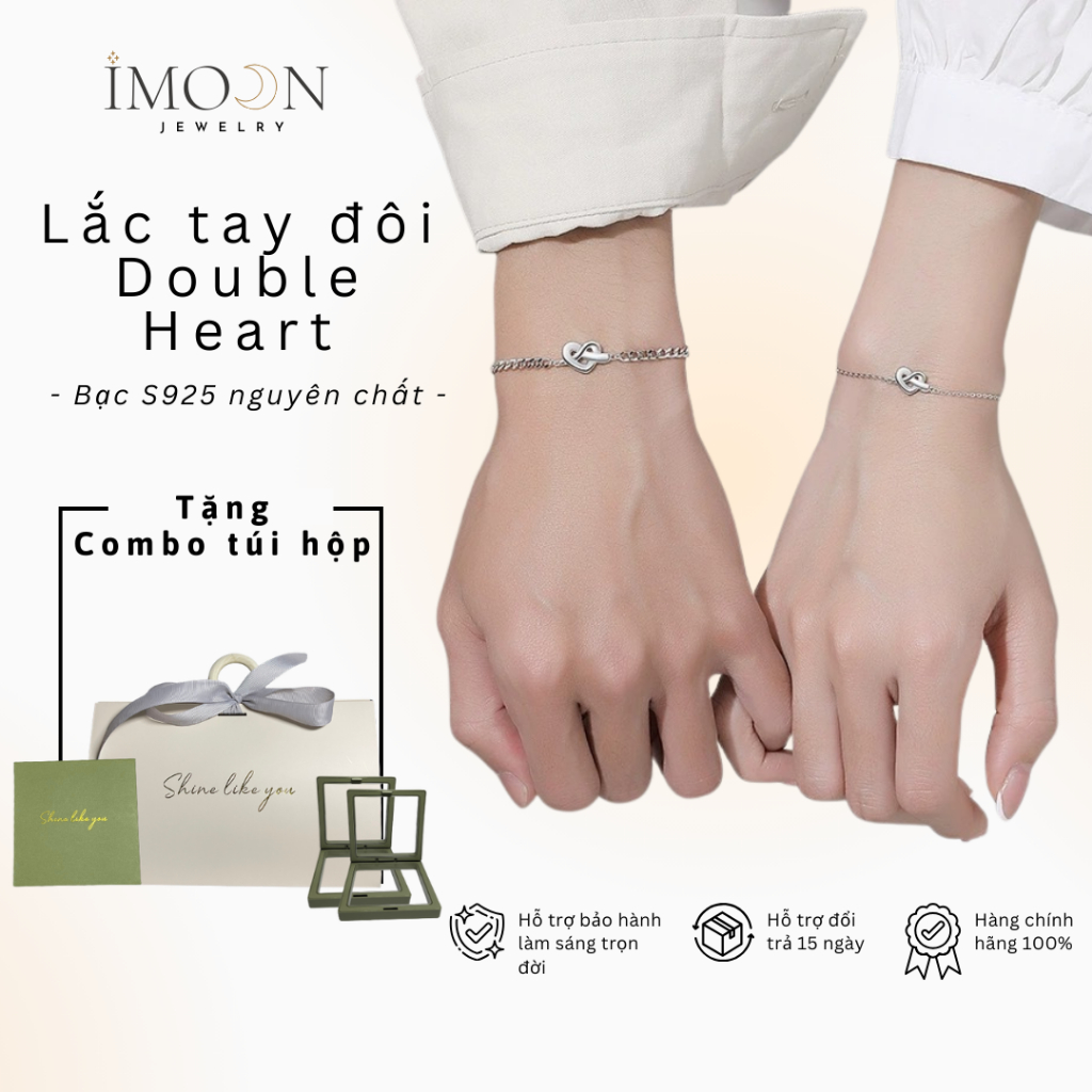 [ HỢP KIM BẠC ] Vòng Tay Đôi "Double Heart" bạc S925 Không Gỉ Tặng Người Yêu, Lắc Tay Đôi Tình Yêu IMOON060
