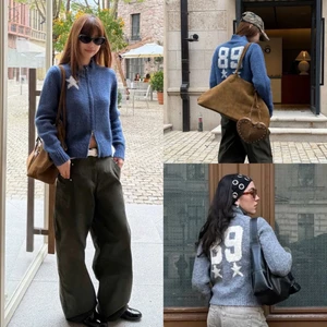 Áo khoác len khoá zip 2 chiều màu xanh xám số 89 ngôi sao dáng vừa AKL004 - Tiktik