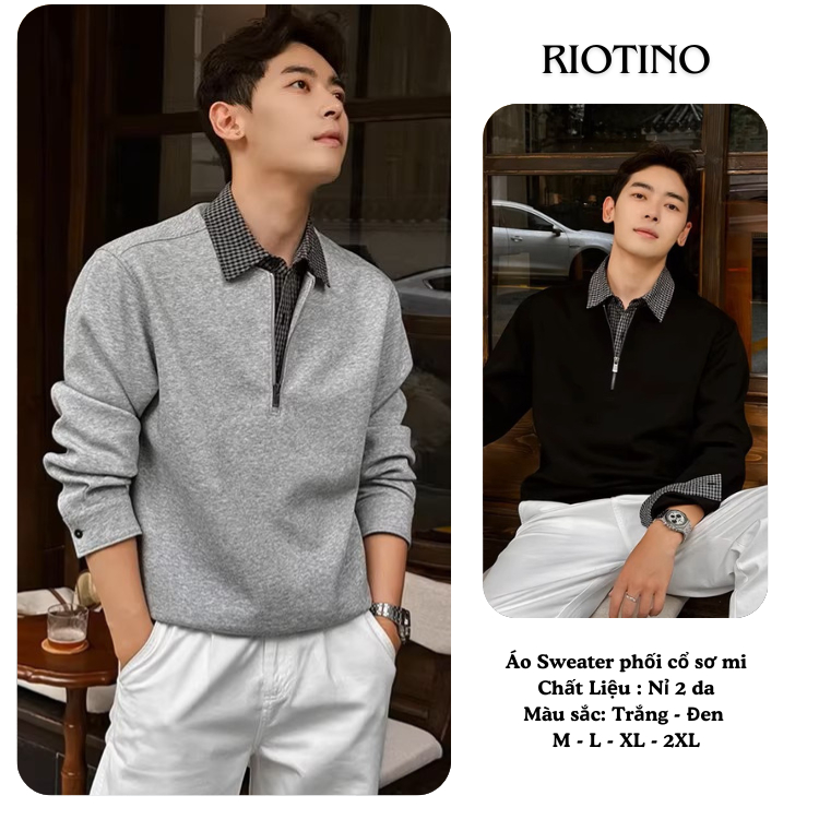 Áo Sweater Thiết Kế Cổ Sơ Mi RIOTINO, Chất Nỉ 2 Da, Form Rộng Unisex PL03