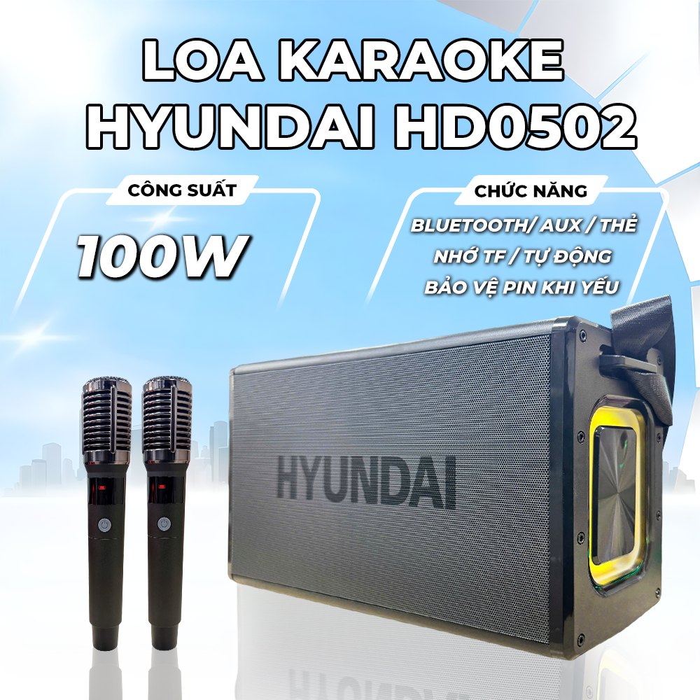 (Bestseller) Loa HYUNDAI Karaoke Xách Tay HD0502, Công Suất 100W Đèn Led RGB ,2 Micro