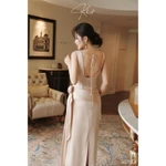 Đầm lụa kem dài Khiết Style thiết kế nhúng eo phối hoa & tà sang trọng, phong cách tiệc tùng trang nhã KD533 — ảnh 2