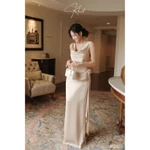 Đầm lụa kem dài Khiết Style thiết kế nhúng eo phối hoa & tà sang trọng, phong cách tiệc tùng trang nhã KD533 — ảnh 5