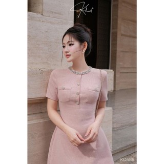 Đầm tằm nhung hàn ngắn tone hồng ngọt ngào phối kim sa hoa đá bạc sang trọng Khiết Style KD486