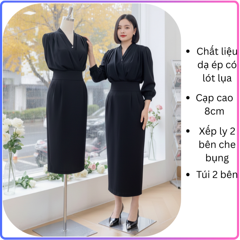 2 Lớp Chân Váy Bút Chì Bomber 85cm Cạp Cao Hack Dáng Túi 2 Bên Chất Liệu Dạ Ép Kèm Lót Lụa SHOPNGOCTRANG19 CV191