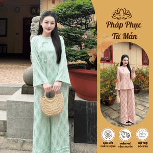 Bộ đồ đi chùa cổ tết đính nơ chuông lụa gấm tằm thọ Pháp phục lễ chùa dài tay phối quần xếp ly gấm mềm mịn-CM
