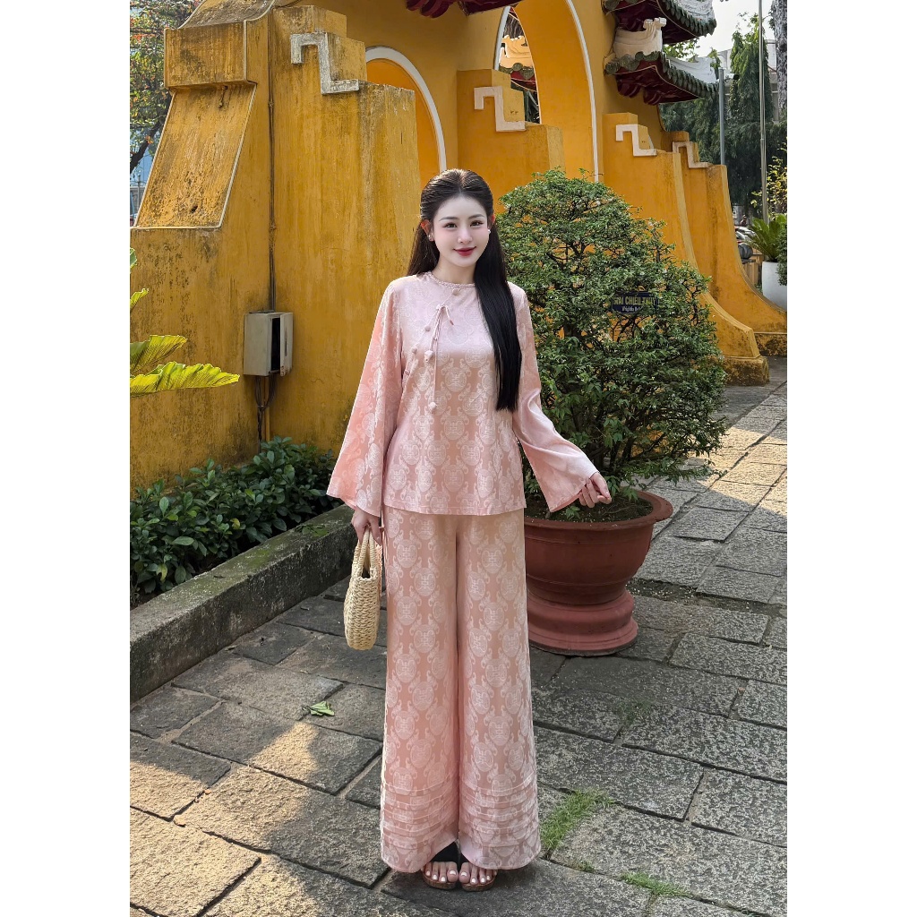 Bộ đồ đi chùa cổ tết đính nơ chuông lụa gấm tằm thọ Pháp phục lễ chùa dài tay phối quần xếp ly gấm mềm mịn-CM