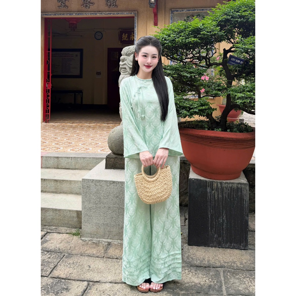 Bộ đồ đi chùa cổ tết đính nơ chuông lụa gấm tằm thọ Pháp phục lễ chùa dài tay phối quần xếp ly gấm mềm mịn-CM