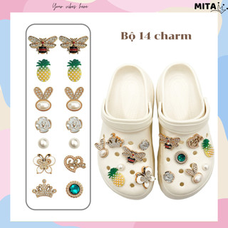 Bộ 14 Sticker, Charm 3D Ong Dứa Bling nhựa cứng gắn Dép Sục, Cá Sấu JB-309 Mita