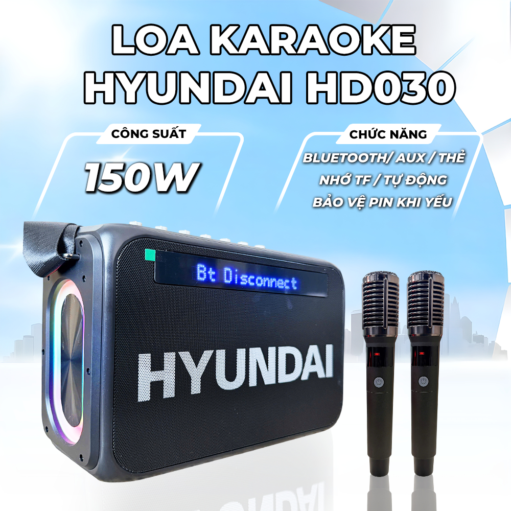 (Bestseller) Loa HYUNDAI Loa Karaoke Xách Tay HD030, Công Suất Lớn 150W Đèn Led RGB Kèm 2 Micro