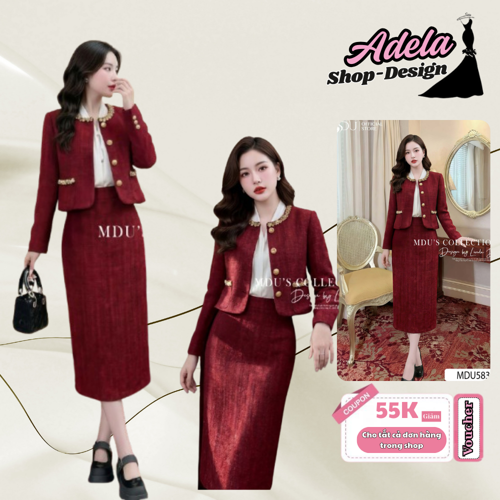 Set Dạ Tweed Thanh Lịch & Thời Thượng Màu Đỏ Đô Chất Liệu Cao Cấp Ấm Áp Sang Trọng MDU5831