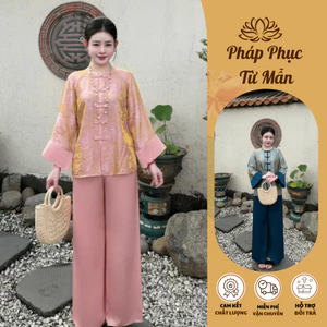 Pháp phục đi chùa cách tân cổ tròn khuy tết tằm Tency Set đồ bộ đi lễ cách tân dài tay lụa gấm mềm mịn-NHA