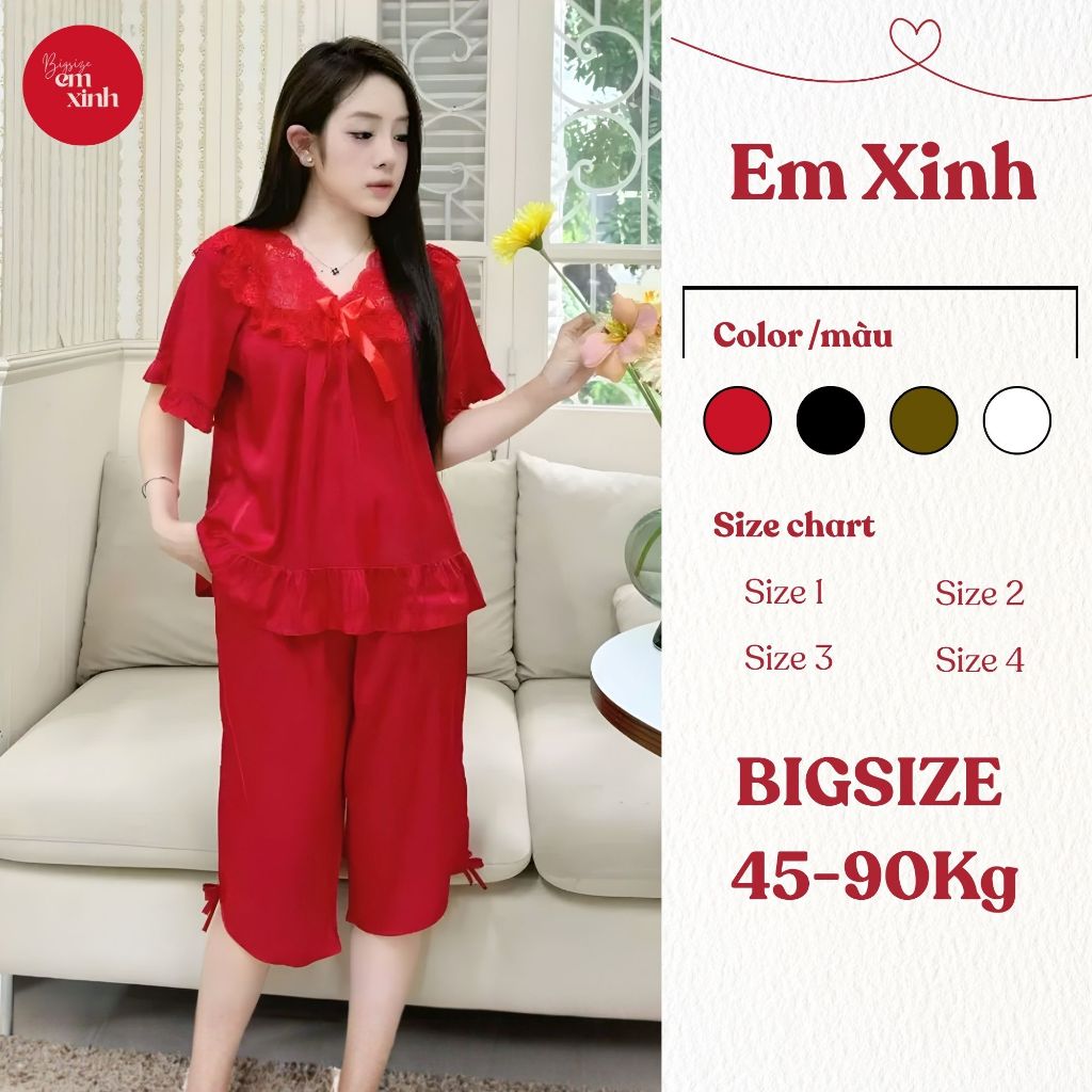 Pijama Nữ Lụa Latin Tay Lỡ Quần Lửng Cổ Phối Ren - Đồ ngủ Tiểu Thư thời trang -PJ019- Em Xinh Bigsize