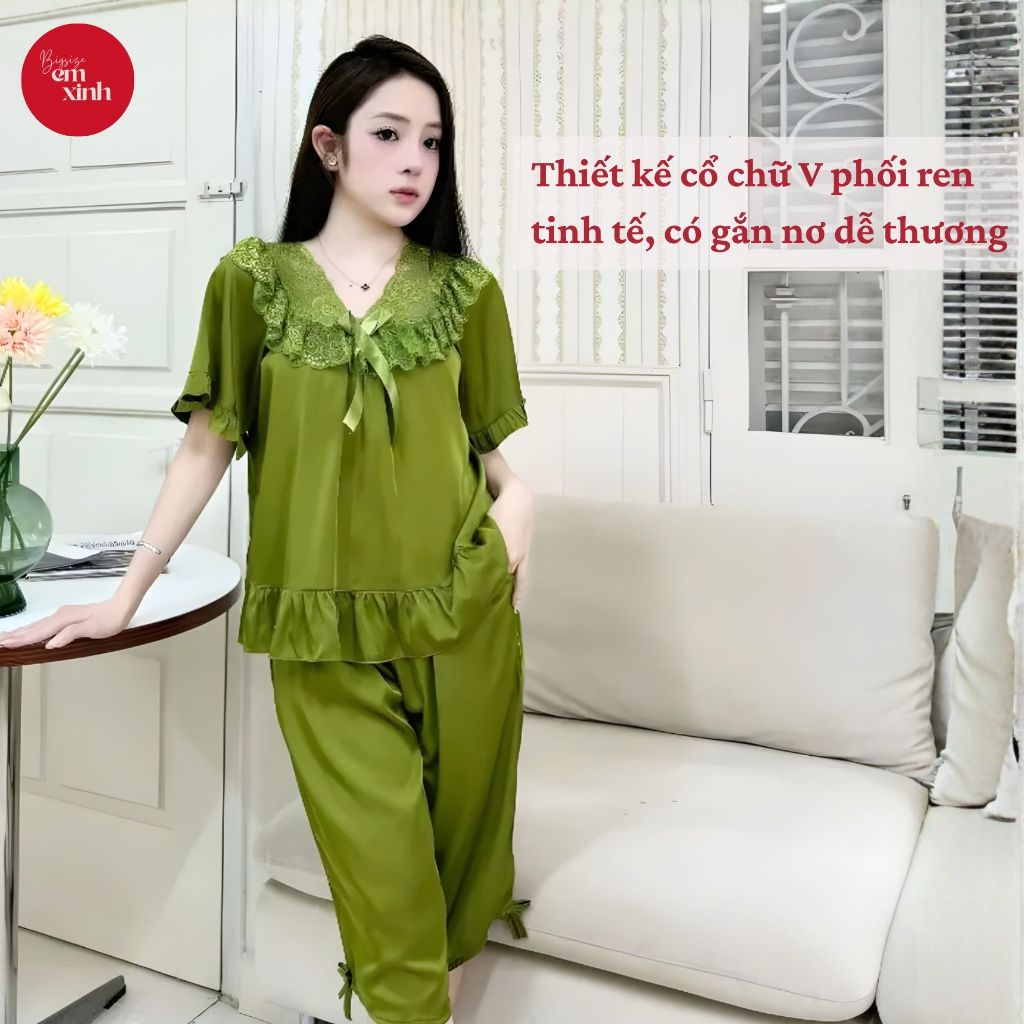 Pijama Nữ Lụa Latin Tay Lỡ Quần Lửng Cổ Phối Ren - Đồ ngủ Tiểu Thư thời trang -PJ019- Em Xinh Bigsize