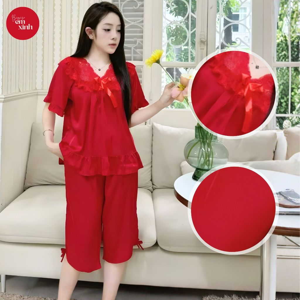 Pijama Nữ Lụa Latin Tay Lỡ Quần Lửng Cổ Phối Ren - Đồ ngủ Tiểu Thư thời trang -PJ019- Em Xinh Bigsize