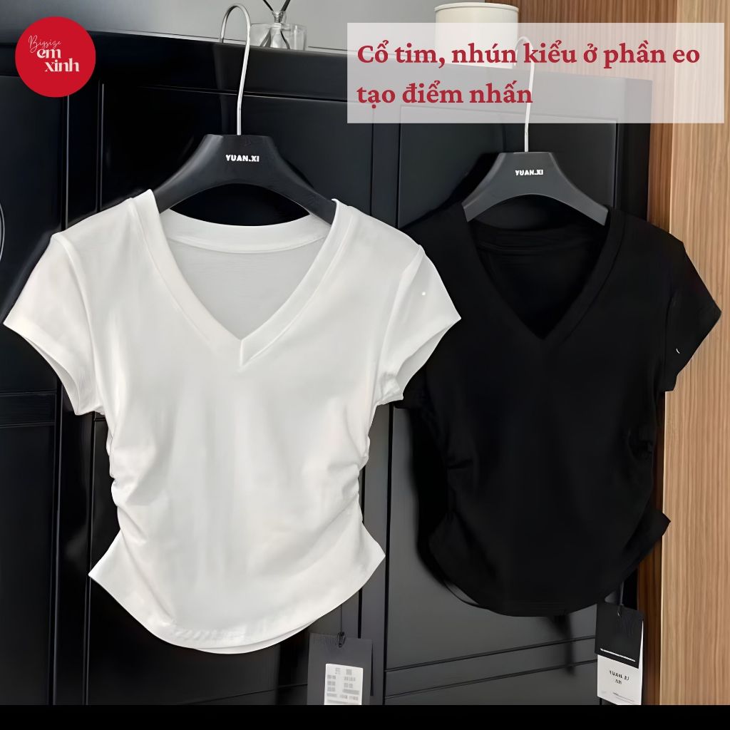 Áo thun thời trang cổ tim nhún eo Bs007, chất thun tăm lạnh dành cho nữ bigsize