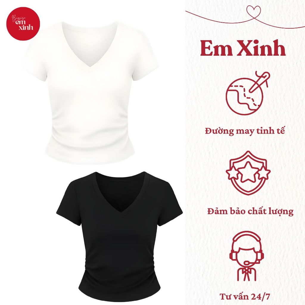 Áo thun thời trang cổ tim nhún eo Bs007, chất thun tăm lạnh dành cho nữ bigsize