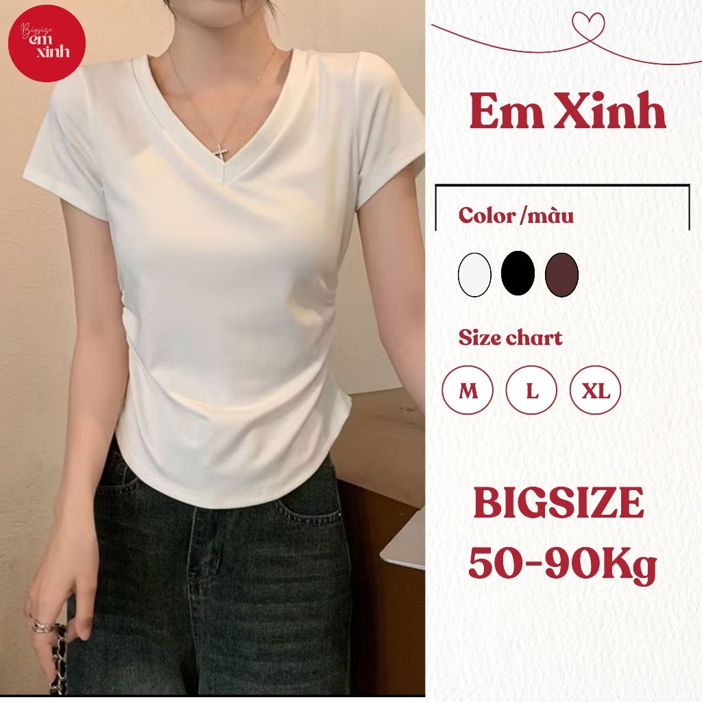 Áo thun thời trang cổ tim nhún eo Bs007, chất thun tăm lạnh dành cho nữ bigsize