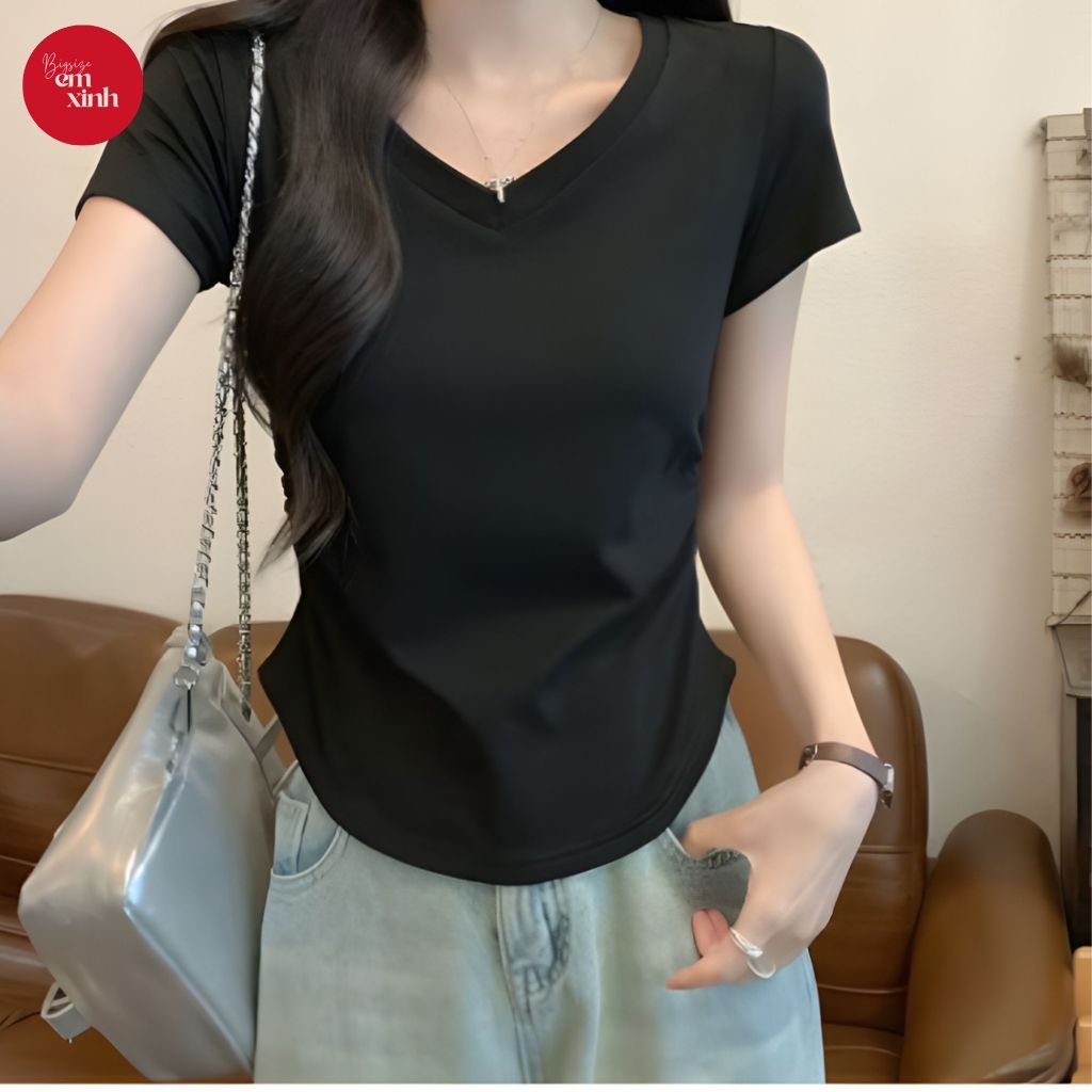 Áo thun thời trang cổ tim nhún eo Bs007, chất thun tăm lạnh dành cho nữ bigsize
