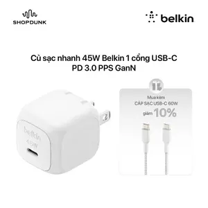 Củ sạc nhanh 45W Belkin 1 cổng USB-C, PD 3.0 PPS GanN - Màu trắng chính hãng