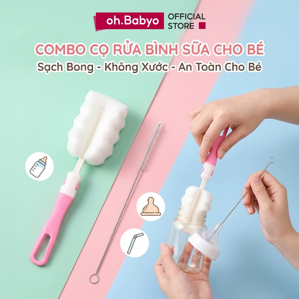 Combo Cọ Rửa Bình Sữa Đa Năng Cho Bé ohBabyo Dụng Cụ Cọ Rửa Ống Hút Cốc Ly Vệ Sinh Núm Ti Hiệu Quả
