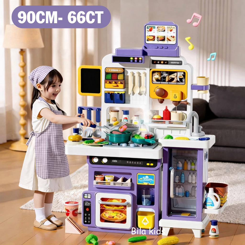 Bộ Đồ Chơi Nấu Ăn Cho Bé Cao Cấp 90cm, Máy Pha Cà Phê, Tủ Đá Viên, Khói, Nước Chảy, Âm Thanh, Đèn Nhạc, Nhà Bếp Đồ Chơi