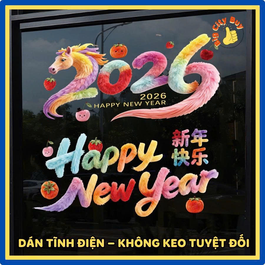 Set 2 Miếng Decal Tết 2026 Trang Trí Năm Mới Bính Ngọ Decal Dán Cửa Kính Tết 2026 Hình Ngựa 5D Happy New Year