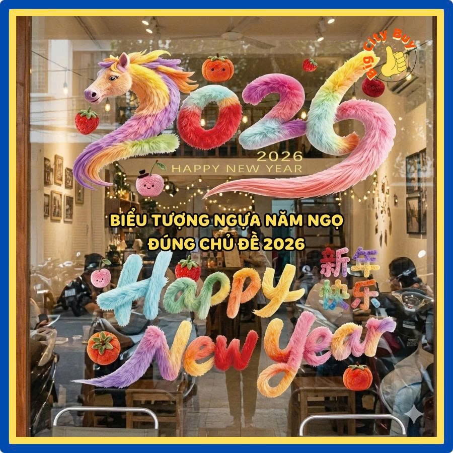 Set 2 Miếng Decal Tết 2026 Trang Trí Năm Mới Bính Ngọ Decal Dán Cửa Kính Tết 2026 Hình Ngựa 5D Happy New Year