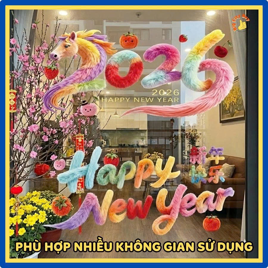 Set 2 Miếng Decal Tết 2026 Trang Trí Năm Mới Bính Ngọ Decal Dán Cửa Kính Tết 2026 Hình Ngựa 5D Happy New Year