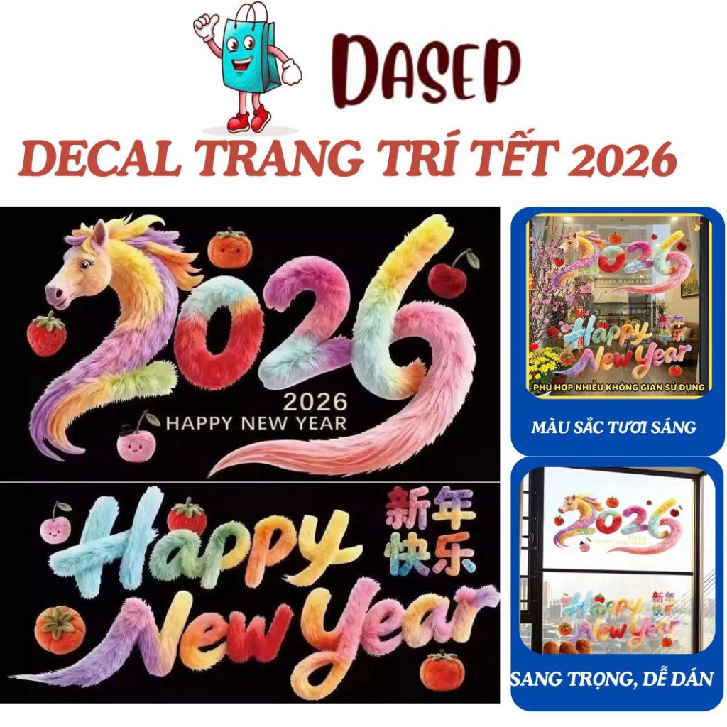 Set 2 Miếng Decal Tết 2026 Trang Trí Năm Mới Bính Ngọ Decal Dán Cửa Kính Tết 2026 Hình Ngựa 5D Happy New Year