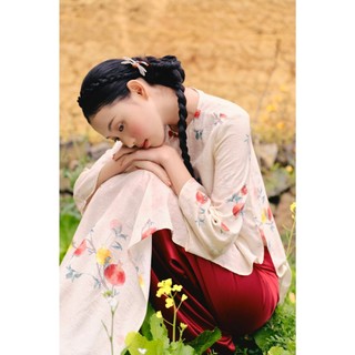 Áo dài OLV họa tiết trái lựu cổ tròn tay dài tinh tế Hân Nghiên phù chơi lễ tết (Không kèm quần)
