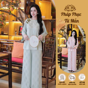 Bộ đồ đi chùa cách tân cổ tròn đính khuy đá lụa gấm Thọ Pháp phục lễ chùa dài tay gấm mềm mịn Sang trọng
