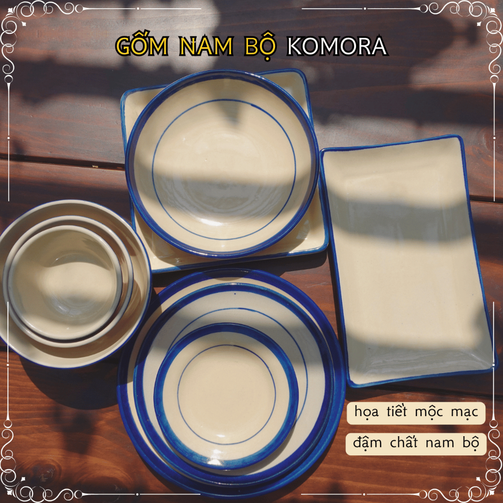 [Dĩa] Mẫu Xưa Chỉ Xanh, Gốm Nam Bộ KOMORA, Đậm Chất Nam Bộ, Họa Tiết Mộc Mạc, Truyền Thống Trăm Năm