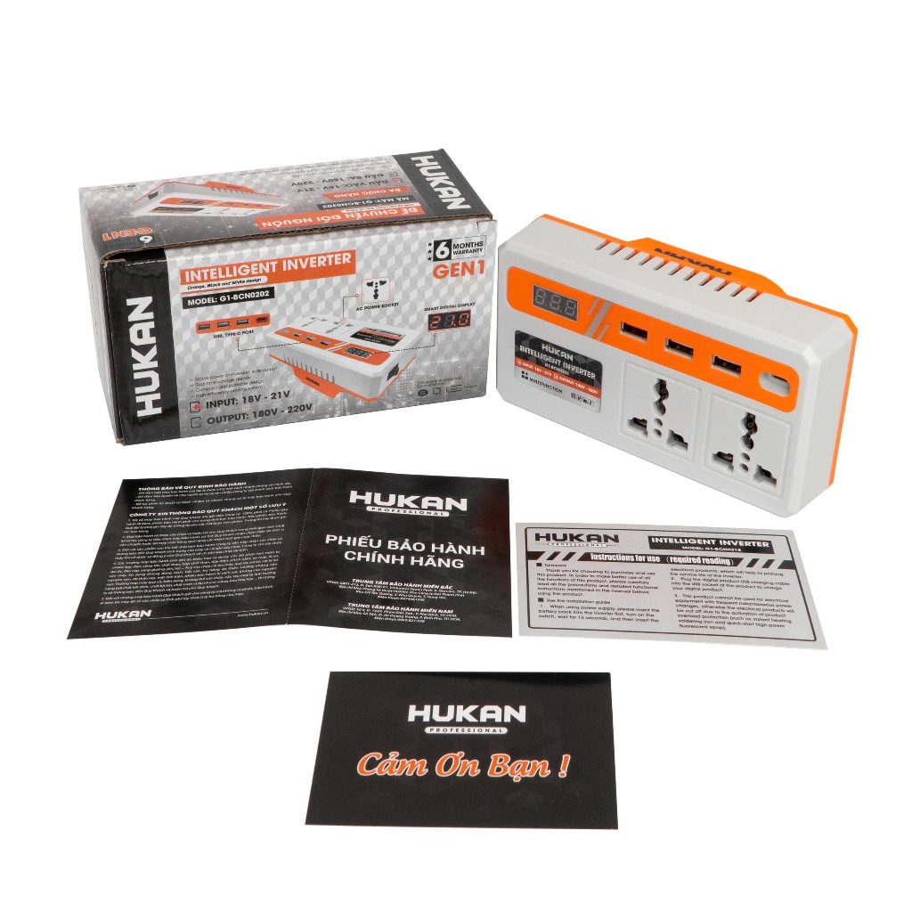 Đế Chuyển Đổi Nguồn Điện HUKAN G1- BCN0202|Chuyển Từ 18–21V Sang 220V | 2 Ổ AC |3 USB |Type-C|Có LED Hiển Thị