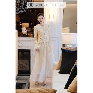 Set Váy Tiểu Thư La Rosa Áo Ren Dài Tay Cổ Cao Mix Chân Váy Tơ Dập Li Dáng Dài Sang Trọng A1017 - CV1014