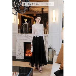 Set Váy Tiểu Thư La Rosa Áo Ren Dài Tay Cổ Cao Mix Chân Váy Tơ Dập Li Dáng Dài Sang Trọng A1017 - CV1014
