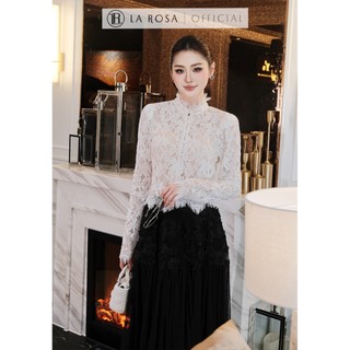 Set Váy Tiểu Thư La Rosa Áo Ren Dài Tay Cổ Cao Mix Chân Váy Tơ Dập Li Dáng Dài Sang Trọng A1017 - CV1014