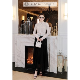 Set Váy Tiểu Thư La Rosa Áo Ren Dài Tay Cổ Cao Mix Chân Váy Tơ Dập Li Dáng Dài Sang Trọng A1017 - CV1014