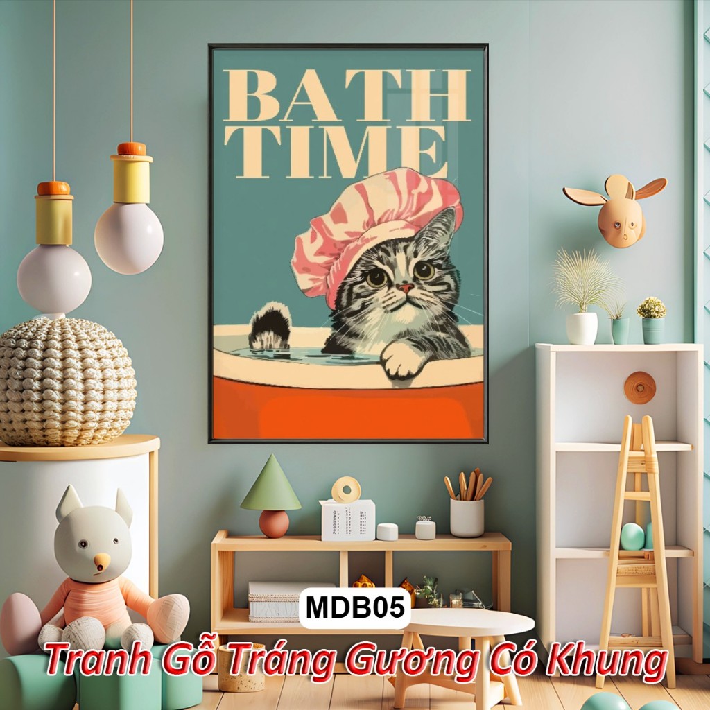 Tranh TREO TƯỜNG Mèo Đầu Bếp Cute Tráng Gương Khung Composite Decor Trang Trí, Quà Tặng