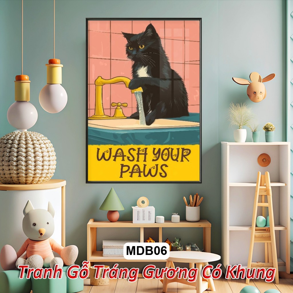 Tranh TREO TƯỜNG Mèo Đầu Bếp Cute Tráng Gương Khung Composite Decor Trang Trí, Quà Tặng