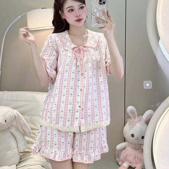 [MẪU HÈ] Bộ Đồ Ngủ Nữ JUSOKA Pijama Cổ Sen Vạt Ren Trắng Chất Đũi Hàn Siêu Xinh DU01 Nhiều Họa Tiết Dễ Thương